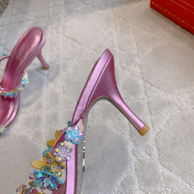 RENE CAOVILLA 26S HEEL SANDALS 65 MM IN METALLIC PINK LAMBSKIN CRYSTAL FLOWER EMBELLISHMENTS