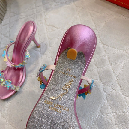 RENE CAOVILLA 26S HEEL SANDALS 65 MM IN METALLIC PINK LAMBSKIN CRYSTAL FLOWER EMBELLISHMENTS