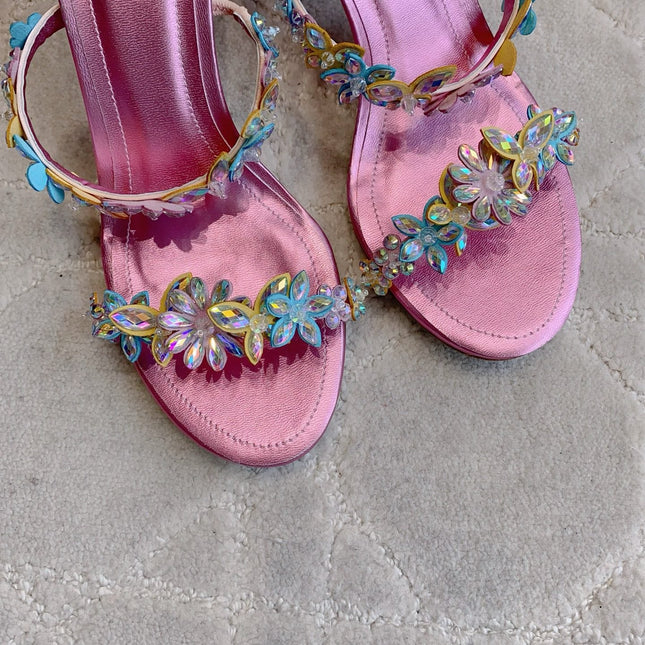 RENE CAOVILLA 26S HEEL SANDALS 65 MM IN METALLIC PINK LAMBSKIN CRYSTAL FLOWER EMBELLISHMENTS