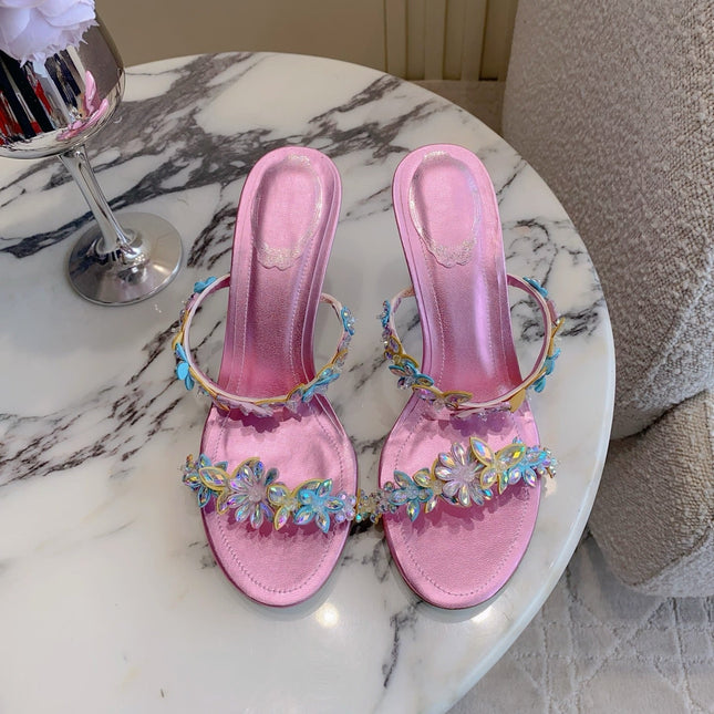 RENE CAOVILLA 26S HEEL SANDALS 65 MM IN METALLIC PINK LAMBSKIN CRYSTAL FLOWER EMBELLISHMENTS