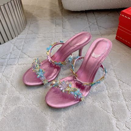 RENE CAOVILLA 26S HEEL SANDALS 65 MM IN METALLIC PINK LAMBSKIN CRYSTAL FLOWER EMBELLISHMENTS