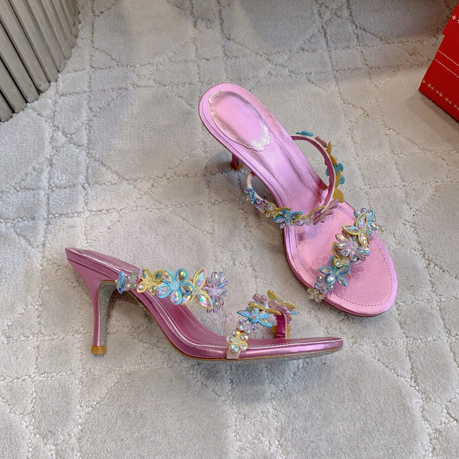 RENE CAOVILLA 26S HEEL SANDALS 65 MM IN METALLIC PINK LAMBSKIN CRYSTAL FLOWER EMBELLISHMENTS