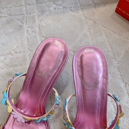 RENE CAOVILLA 26S HEEL SANDALS 65 MM IN METALLIC PINK LAMBSKIN CRYSTAL FLOWER EMBELLISHMENTS