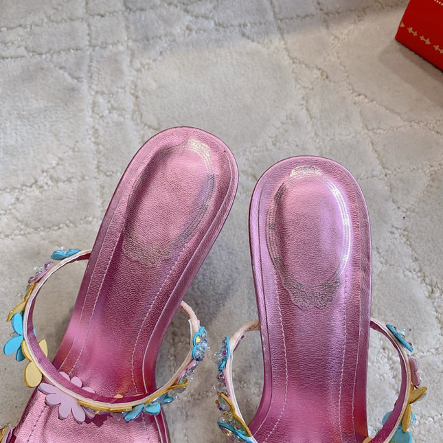 RENE CAOVILLA 26S HEEL SANDALS 65 MM IN METALLIC PINK LAMBSKIN CRYSTAL FLOWER EMBELLISHMENTS