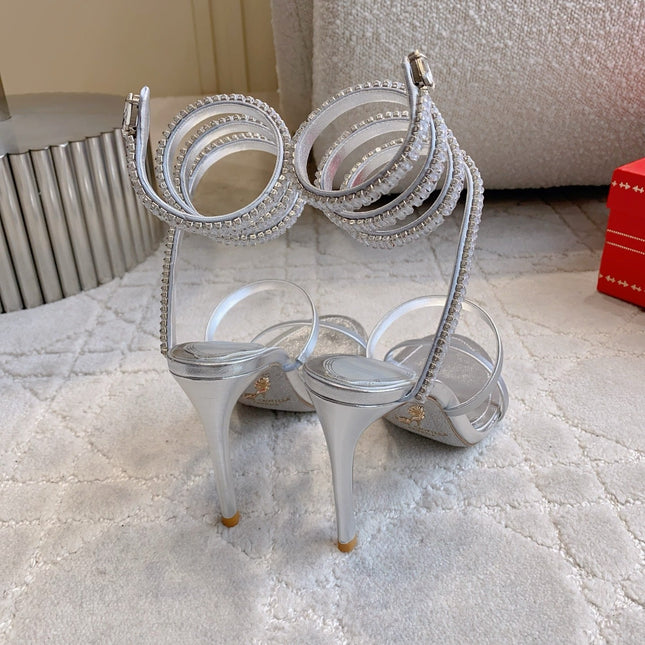RENE CAOVILLA 26S CLEO HIGH HEELS SANDALS 95 MM IN SILVER LAMBSKIN STYLE 18