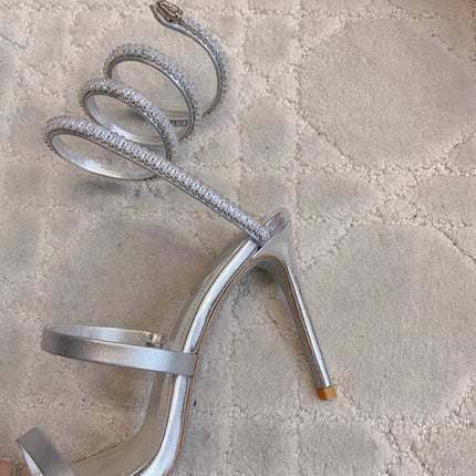 RENE CAOVILLA 26S CLEO HIGH HEELS SANDALS 95 MM IN SILVER LAMBSKIN STYLE 18