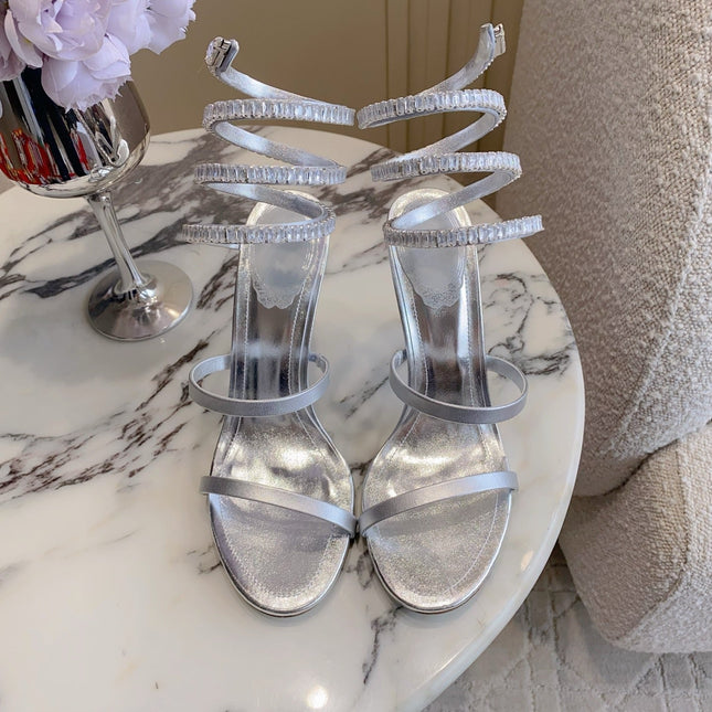 RENE CAOVILLA 26S CLEO HIGH HEELS SANDALS 95 MM IN SILVER LAMBSKIN STYLE 18