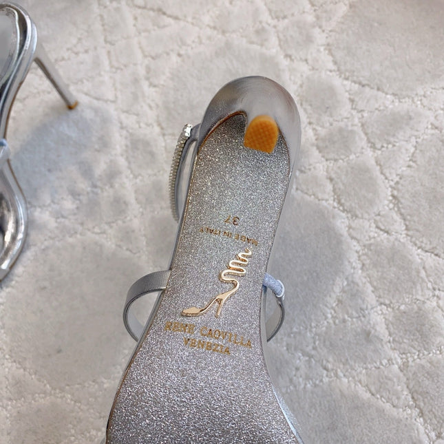 RENE CAOVILLA 26S CLEO HIGH HEELS SANDALS 95 MM IN SILVER LAMBSKIN STYLE 18