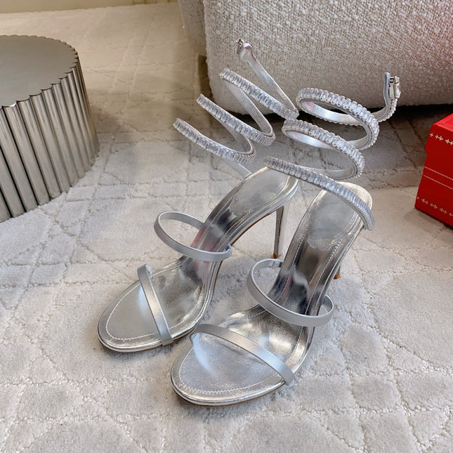 RENE CAOVILLA 26S CLEO HIGH HEELS SANDALS 95 MM IN SILVER LAMBSKIN STYLE 18