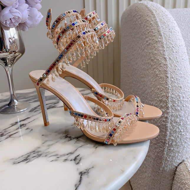 RENE CAOVILLA 26S CLEO HIGH HEELS SANDALS 95 MM IN BEIGE LAMBSKIN STYLE 17