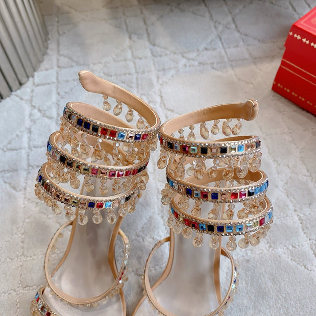 RENE CAOVILLA 26S CLEO HIGH HEELS SANDALS 95 MM IN BEIGE LAMBSKIN STYLE 17