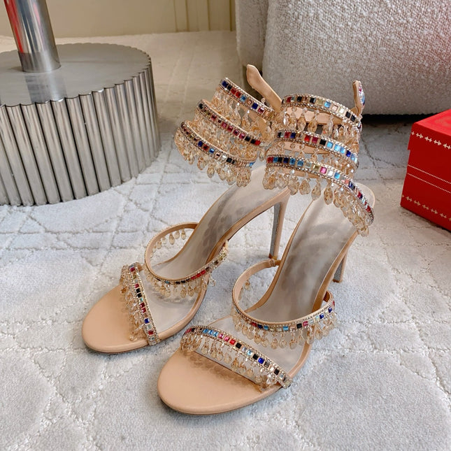 RENE CAOVILLA 26S CLEO HIGH HEELS SANDALS 95 MM IN BEIGE LAMBSKIN STYLE 17