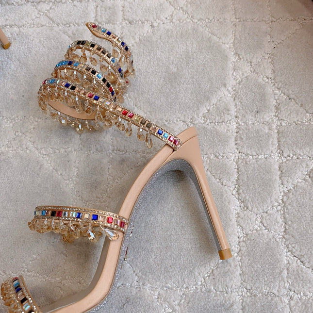 RENE CAOVILLA 26S CLEO HIGH HEELS SANDALS 95 MM IN BEIGE LAMBSKIN STYLE 17