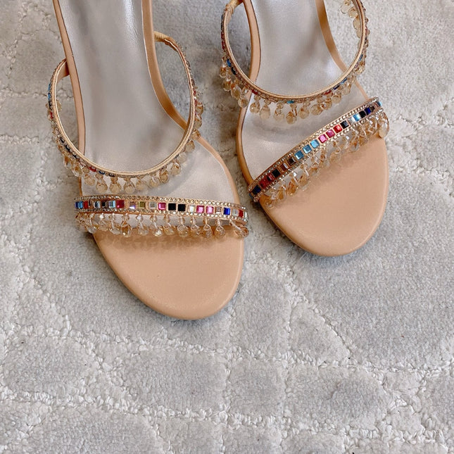 RENE CAOVILLA 26S CLEO HIGH HEELS SANDALS 95 MM IN BEIGE LAMBSKIN STYLE 17