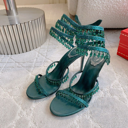 RENE CAOVILLA 26S CLEO HIGH HEELS SANDALS 95 MM IN DARK GREEN LAMBSKIN STYLE 15