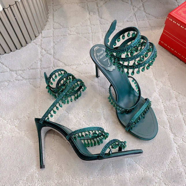 RENE CAOVILLA 26S CLEO HIGH HEELS SANDALS 95 MM IN DARK GREEN LAMBSKIN STYLE 15