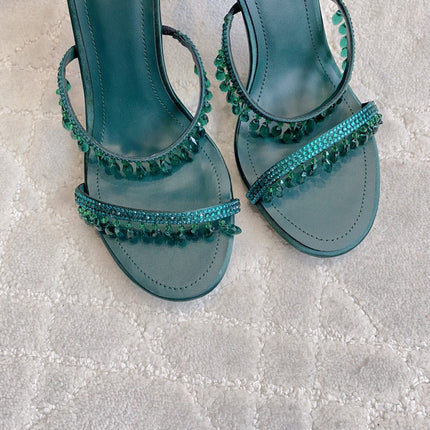 RENE CAOVILLA 26S CLEO HIGH HEELS SANDALS 95 MM IN DARK GREEN LAMBSKIN STYLE 15