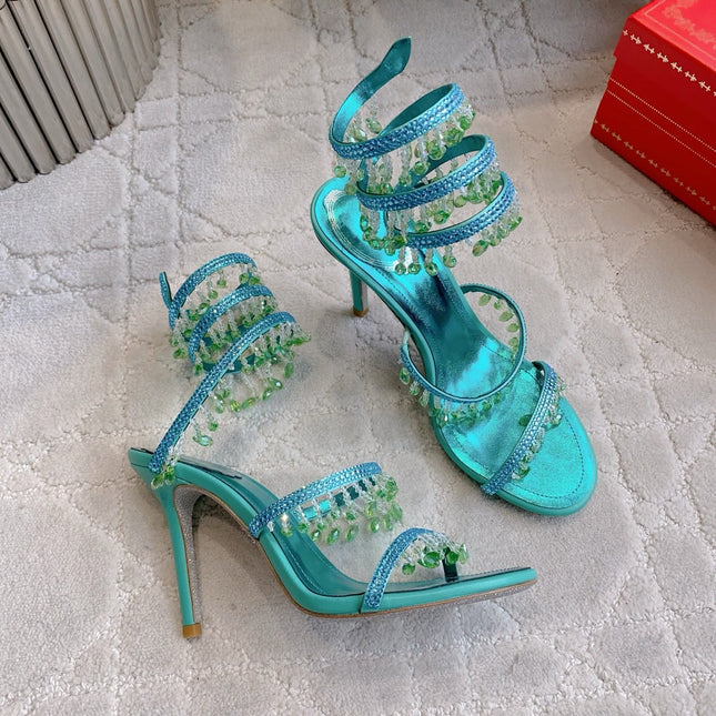 RENE CAOVILLA 26S CLEO HIGH HEELS SANDALS 95 MM IN AQUA BLUE METALLIC LAMBSKIN STYLE 9