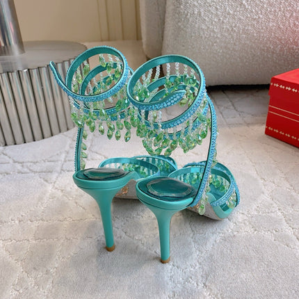 RENE CAOVILLA 26S CLEO HIGH HEELS SANDALS 95 MM IN AQUA BLUE METALLIC LAMBSKIN STYLE 9