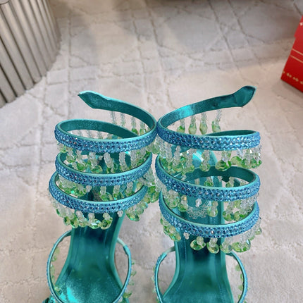 RENE CAOVILLA 26S CLEO HIGH HEELS SANDALS 95 MM IN AQUA BLUE METALLIC LAMBSKIN STYLE 9