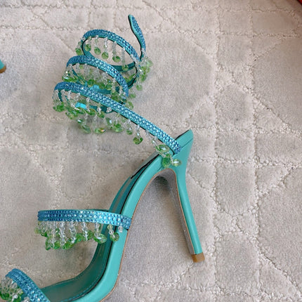 RENE CAOVILLA 26S CLEO HIGH HEELS SANDALS 95 MM IN AQUA BLUE METALLIC LAMBSKIN STYLE 9