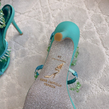 RENE CAOVILLA 26S CLEO HIGH HEELS SANDALS 95 MM IN AQUA BLUE METALLIC LAMBSKIN STYLE 9
