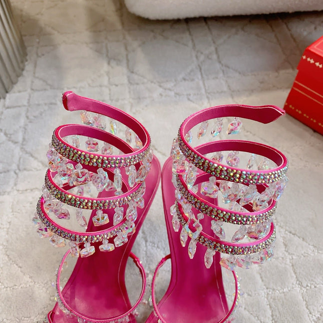 RENE CAOVILLA 26S CLEO HIGH HEELS SANDALS 95 MM IN PINK LAMBSKIN STYLE 14