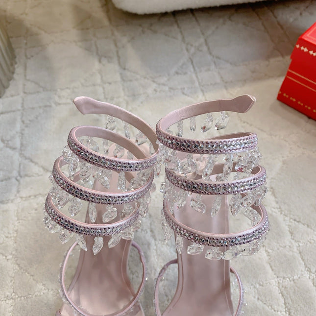 RENE CAOVILLA 26S CLEO HIGH HEELS SANDALS 95 MM IN LIGHT PINK LAMBSKIN STYLE 13