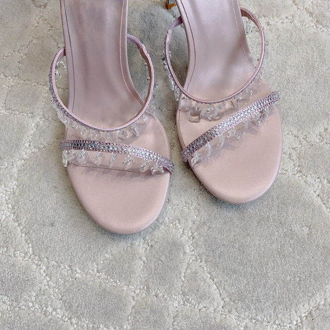 RENE CAOVILLA 26S CLEO HIGH HEELS SANDALS 95 MM IN LIGHT PINK LAMBSKIN STYLE 13