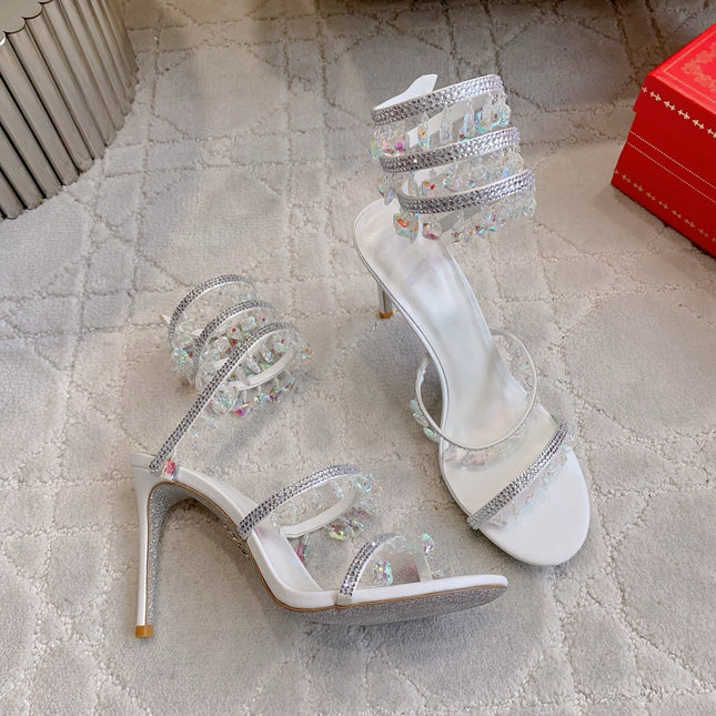 RENE CAOVILLA 26S CLEO HIGH HEELS SANDALS 95 MM IN WHITE LAMBSKIN STYLE 10