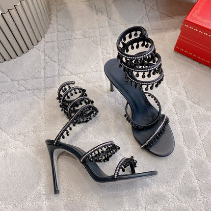 RENE CAOVILLA 26S CLEO HIGH HEELS SANDALS 95 MM IN BLACK LAMBSKIN STYLE 8