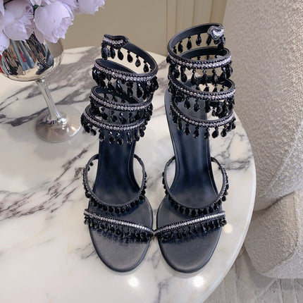 RENE CAOVILLA 26S CLEO HIGH HEELS SANDALS 95 MM IN BLACK LAMBSKIN STYLE 8