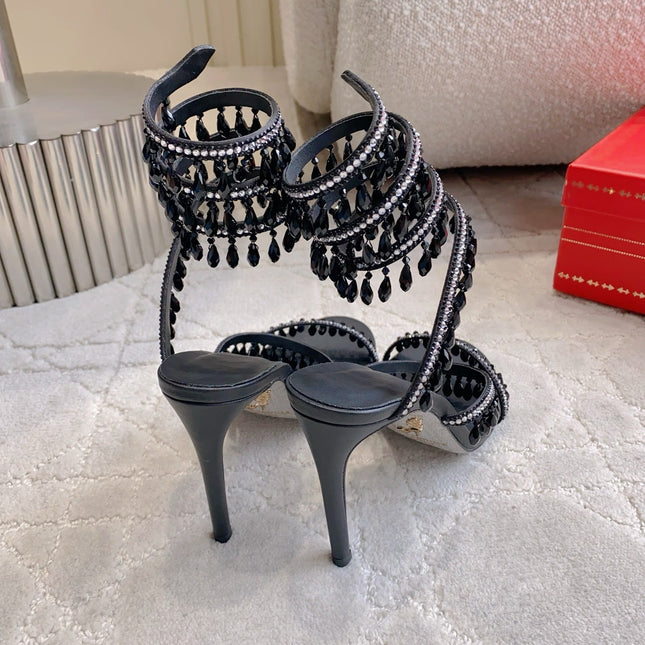 RENE CAOVILLA 26S CLEO HIGH HEELS SANDALS 95 MM IN BLACK LAMBSKIN STYLE 8