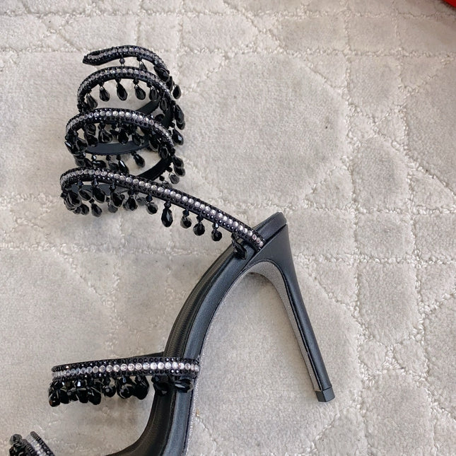 RENE CAOVILLA 26S CLEO HIGH HEELS SANDALS 95 MM IN BLACK LAMBSKIN STYLE 8