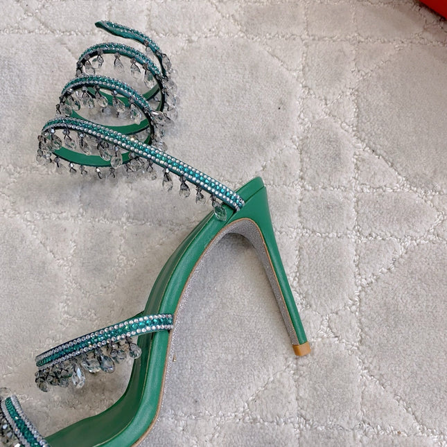 RENE CAOVILLA 26S CLEO HIGH HEELS SANDALS 95 MM IN GREEN LAMBSKIN