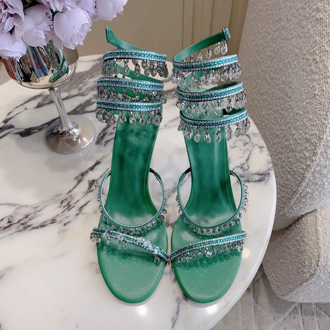 RENE CAOVILLA 26S CLEO HIGH HEELS SANDALS 95 MM IN GREEN LAMBSKIN