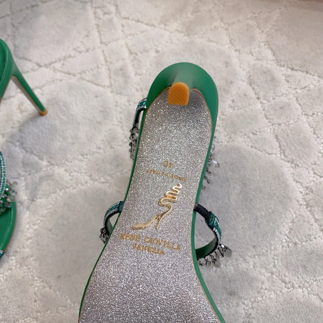 RENE CAOVILLA 26S CLEO HIGH HEELS SANDALS 95 MM IN GREEN LAMBSKIN
