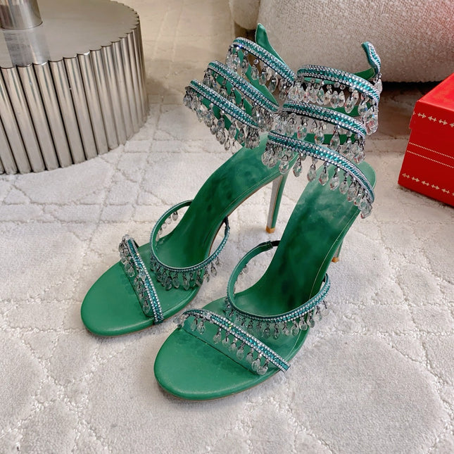 RENE CAOVILLA 26S CLEO HIGH HEELS SANDALS 95 MM IN GREEN LAMBSKIN