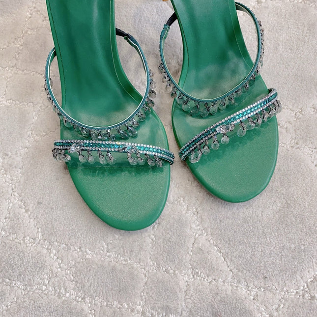 RENE CAOVILLA 26S CLEO HIGH HEELS SANDALS 95 MM IN GREEN LAMBSKIN
