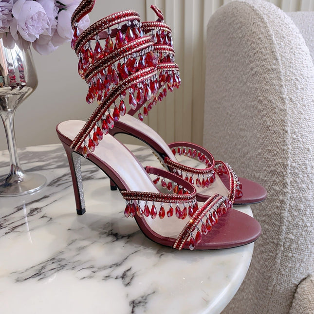 RENE CAOVILLA 26S CLEO HIGH HEELS SANDALS 95 MM IN DARK RED LAMBSKIN STYLE 12