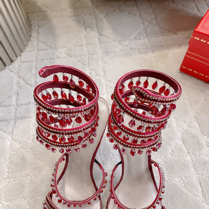 RENE CAOVILLA 26S CLEO HIGH HEELS SANDALS 95 MM IN DARK RED LAMBSKIN STYLE 12
