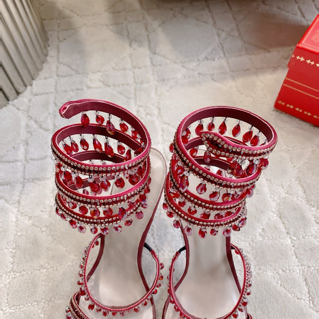 RENE CAOVILLA 26S CLEO HIGH HEELS SANDALS 95 MM IN DARK RED LAMBSKIN STYLE 12