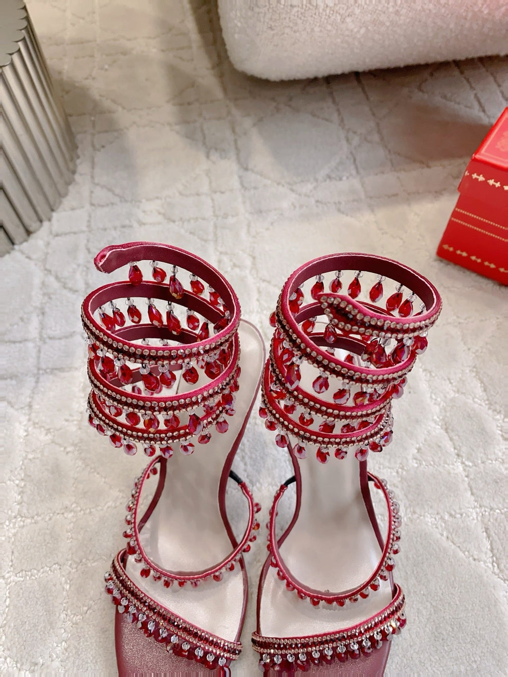RENE CAOVILLA 26S CLEO HIGH HEELS SANDALS 95 MM IN DARK RED LAMBSKIN STYLE 12