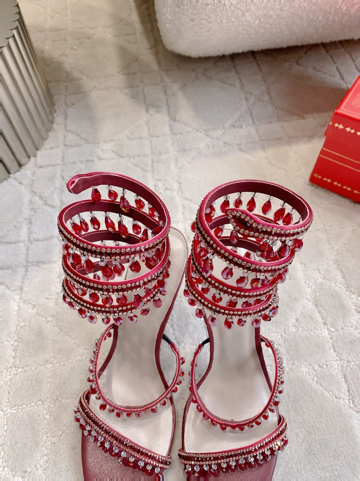 RENE CAOVILLA 26S CLEO HIGH HEELS SANDALS 95 MM IN DARK RED LAMBSKIN STYLE 12
