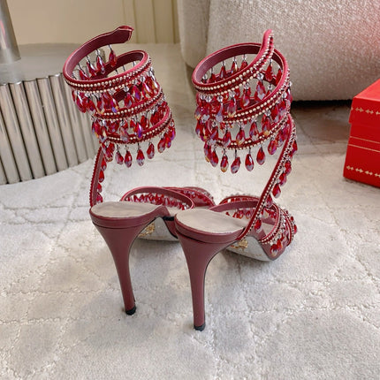 RENE CAOVILLA 26S CLEO HIGH HEELS SANDALS 95 MM IN DARK RED LAMBSKIN STYLE 12