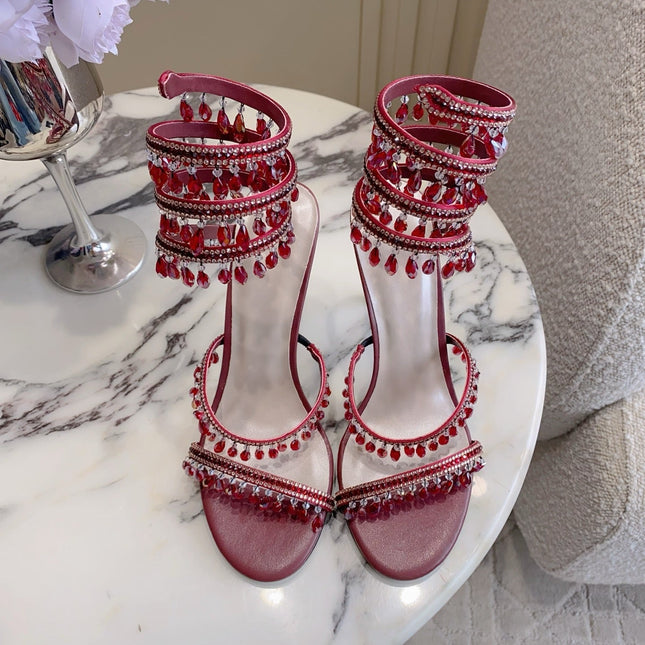 RENE CAOVILLA 26S CLEO HIGH HEELS SANDALS 95 MM IN DARK RED LAMBSKIN STYLE 12