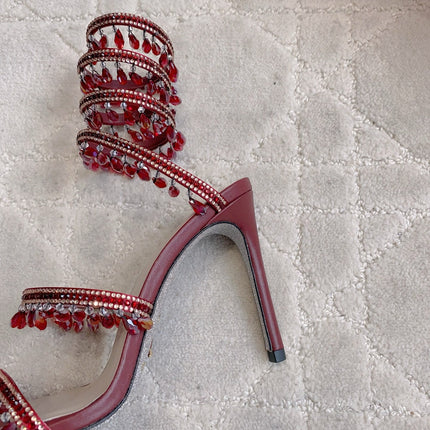 RENE CAOVILLA 26S CLEO HIGH HEELS SANDALS 95 MM IN DARK RED LAMBSKIN STYLE 12