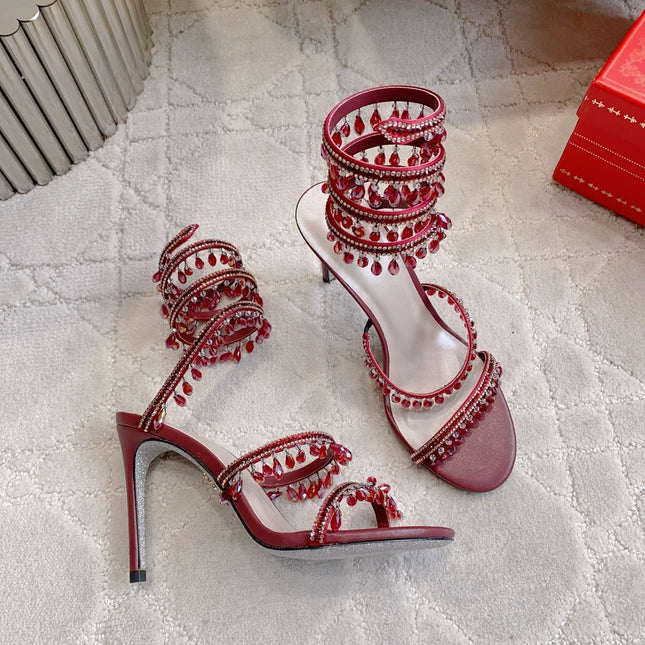 RENE CAOVILLA 26S CLEO HIGH HEELS SANDALS 95 MM IN DARK RED LAMBSKIN STYLE 12