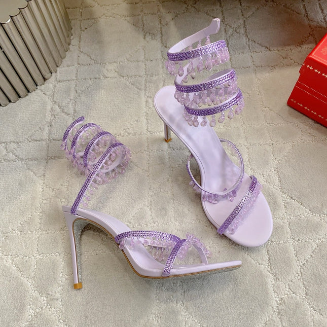 RENE CAOVILLA 26S CLEO HIGH HEELS SANDALS 95 MM IN LIGHT PURPLE LAMBSKIN STYLE 11
