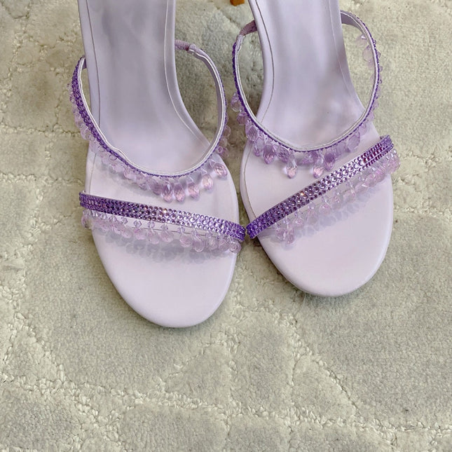 RENE CAOVILLA 26S CLEO HIGH HEELS SANDALS 95 MM IN LIGHT PURPLE LAMBSKIN STYLE 11